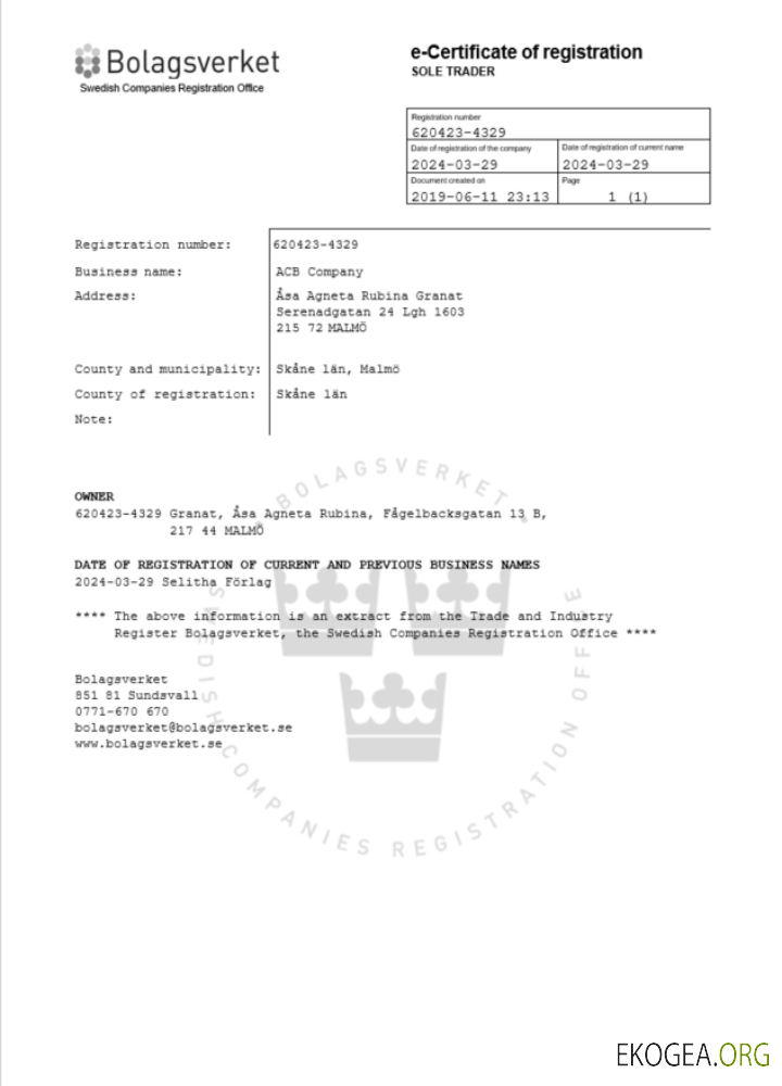 Modèle Word et PDF de certificat d'enregistrement en Suède template Modèle Word et PDF de certificat d'enregistrement en Suède template